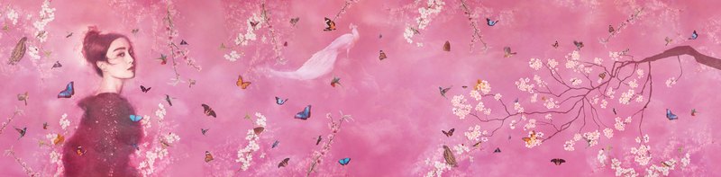 Het vlakke ontwerp: een brede roze baan met een figuur links, een bloesemtak rechts en vlinders en vogels ertussen.