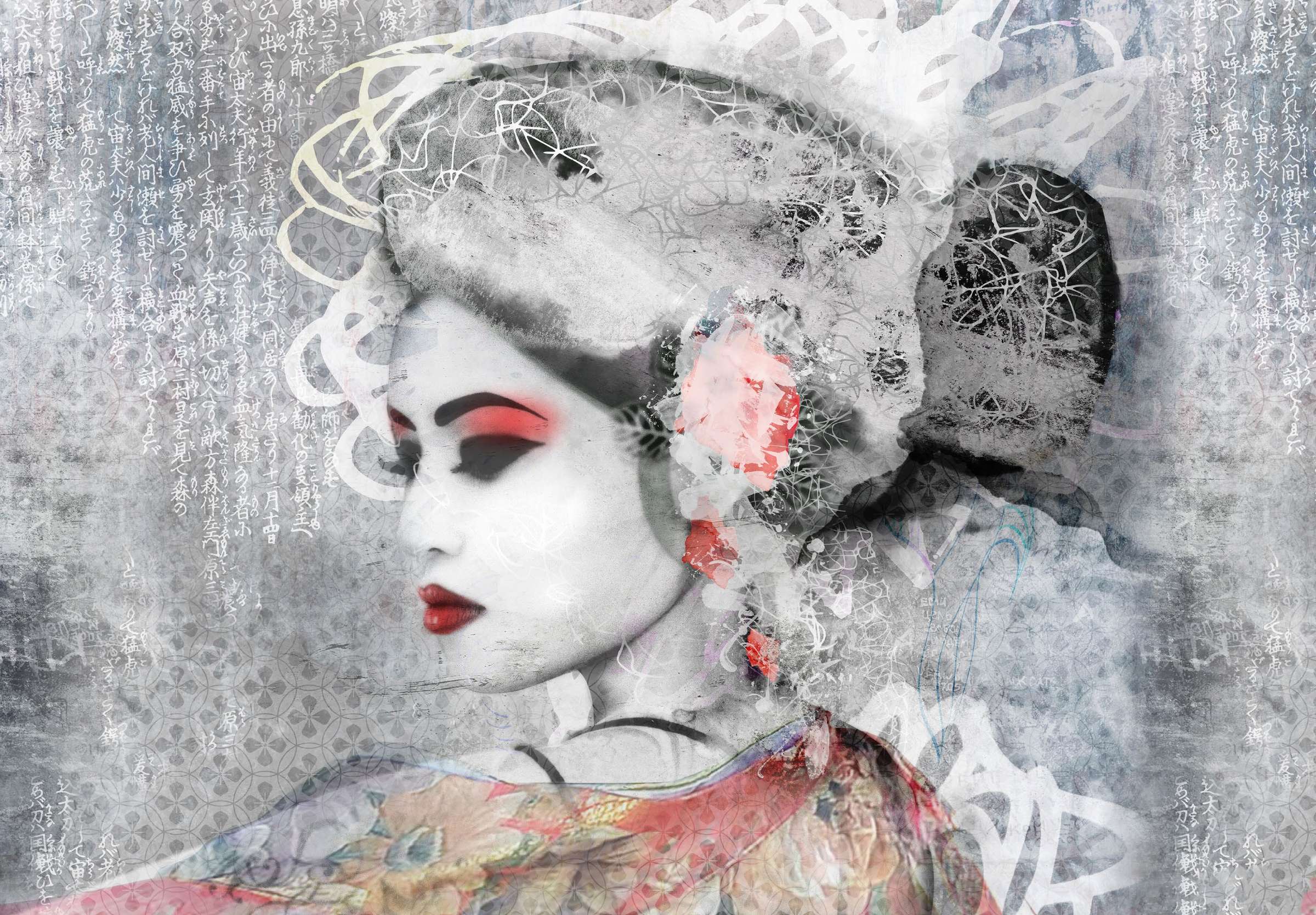 Geisha en profil in grijs en wit, met rode oogschaduw en een rode bloem in het kapsel.