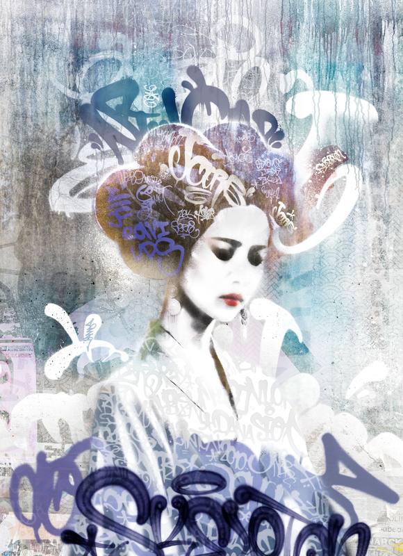 Geisha in ijsblauw en indigo, met witte lussen die als rook om het kapsel staan.