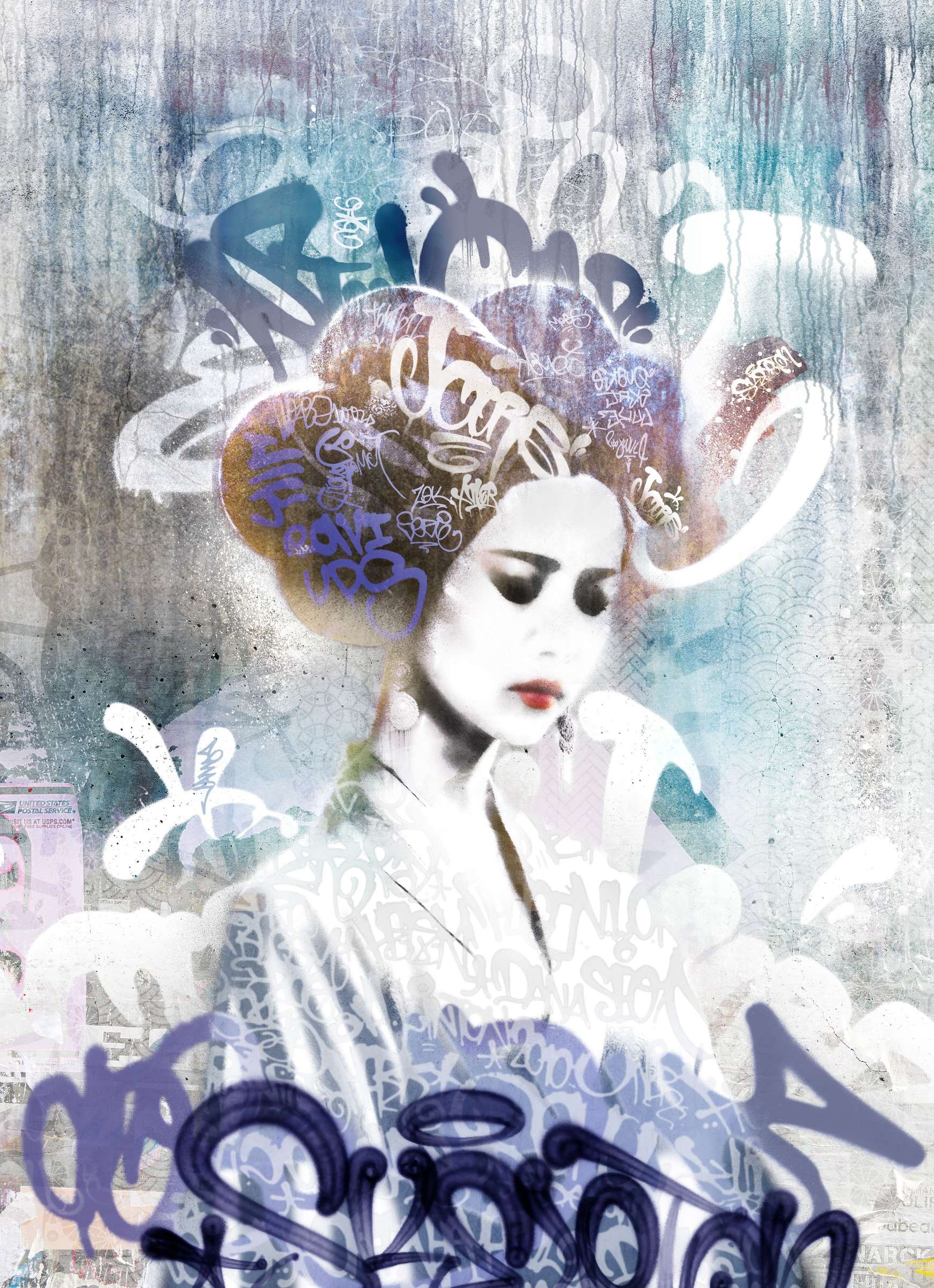 Geisha in ijsblauw en indigo, met witte lussen die als rook om het kapsel staan.