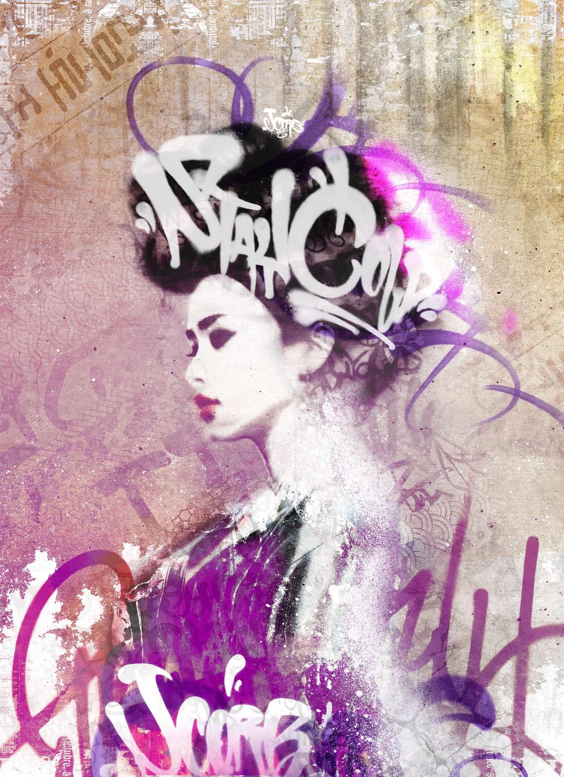 Geisha en profil in violet en magenta, met witte letters dwars door het kapsel.